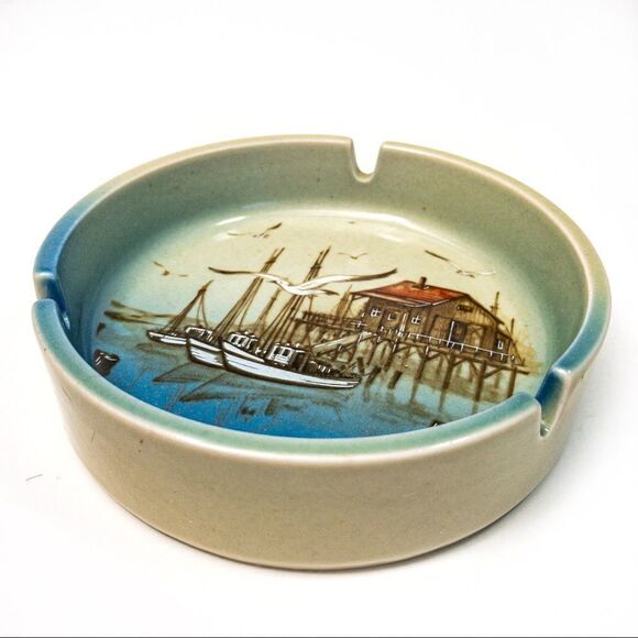 Vintage Otagiri Ceramic Ashtray Harbor Seagulls Boats Japan - Picture 2 of 8